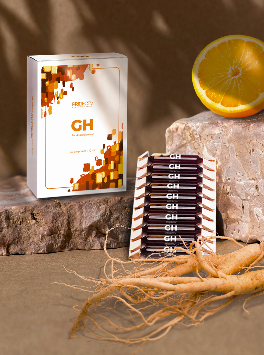 GH product on an orange background with orange and ginseng roots